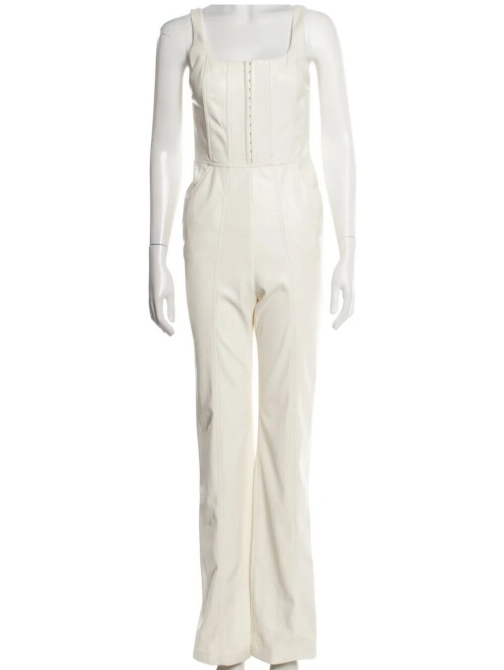 Alice + Olivia Cream Square-Neck Faux Leather Tailored Jumpsuit